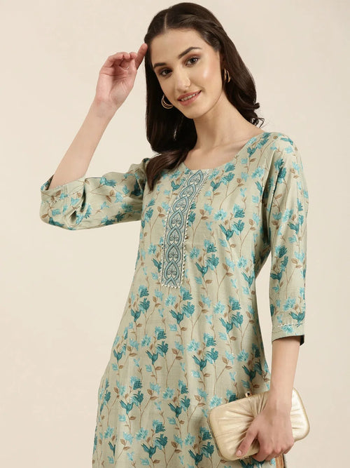 Women Sea Green Floral Straight Kurta-AT-A1076-K-Seagreen