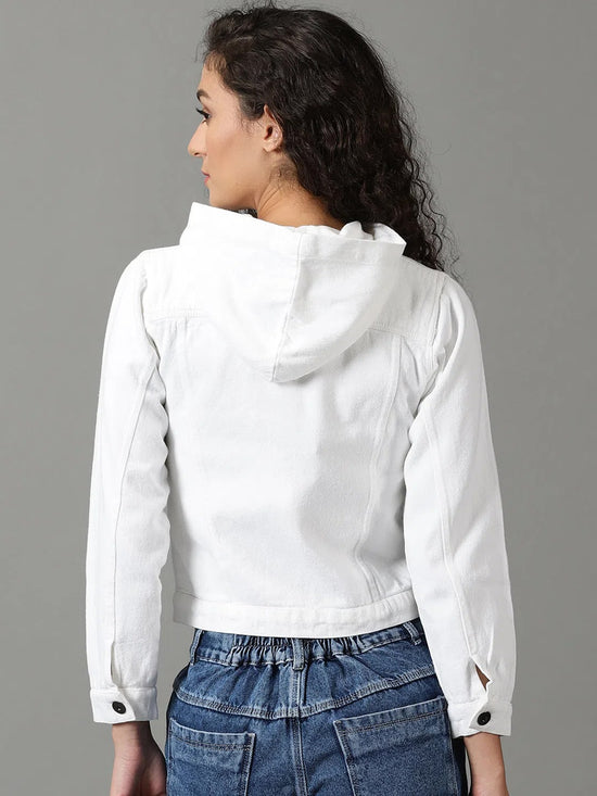 Women's White Solid Denim Jacket-AE-9511-White