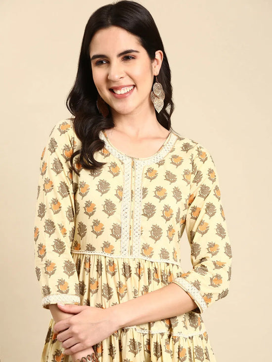 Women's Cream Printed Anarkali Kurta-RF-1553-Cream