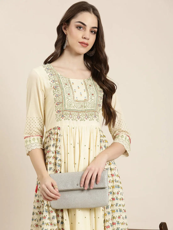 Women Cream Printed Anarkali Kurta-RF-2177-Cream