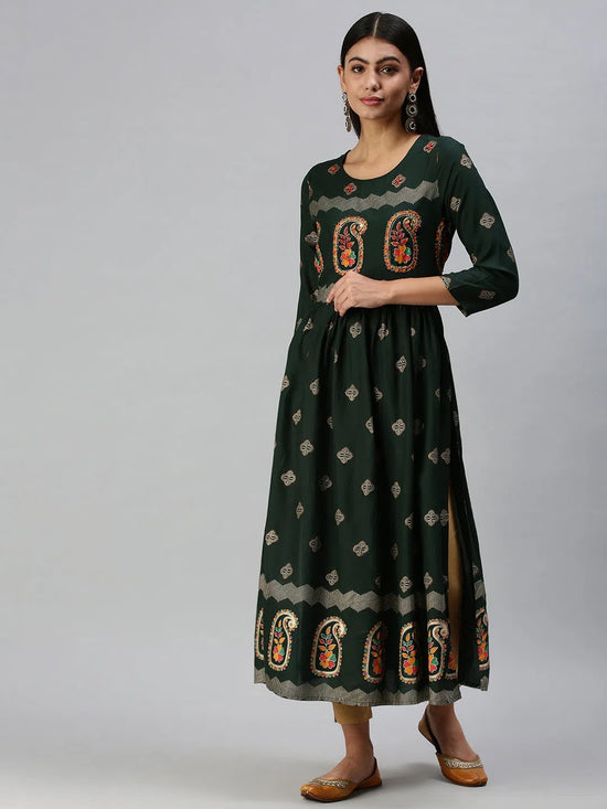 Women's Green Printed Straight Kurta-CR2229-Green