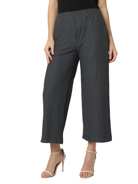 Smarty Pants Women's Cotton Rib Grey Color Pleated Trouser