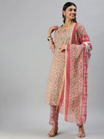 Women's Beige Printed Kurta Sets-SS362A-Cream