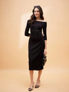 Women Black Rib Off Shoulder Midi Dress