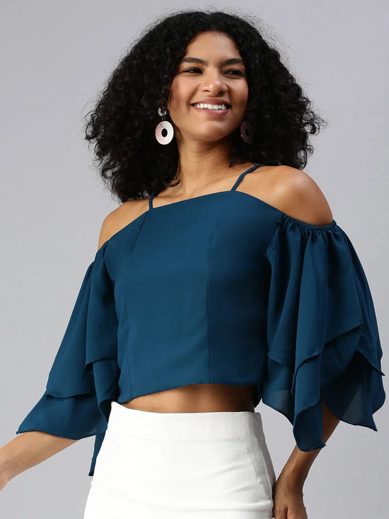 Women Teal Solid Bardot Top-AE-7018-Teal