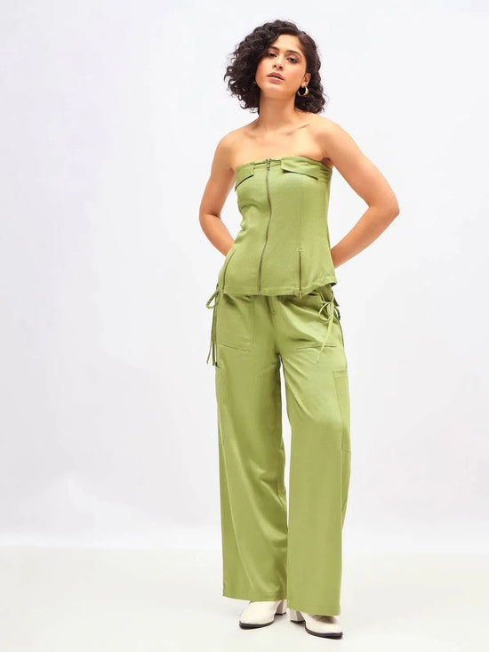 Women Olive Twill Front Zip Corset Top With Cargo Pants