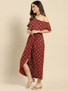 One Shoulder yoke overlap printed dress in Maroon