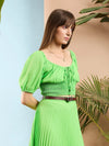 Women Green Puff Sleeves Smocked Crop Top