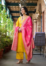 Mustard Zari Embroidered Viscose Kurta Pant And Dupatta Set With Mirror Work-J4795MUSTARD