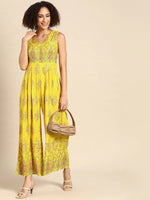 V neck pleated jumpsuit in Yellow Print