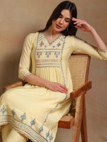 Ahika Women Yellow Rayon Embroidered A-Line Kurta Pant Set