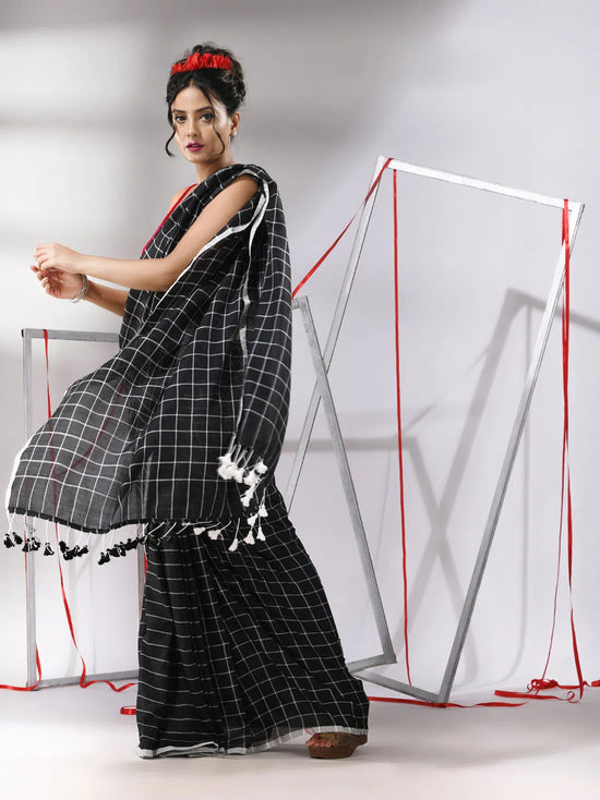 Black Cotton Saree With Check Designs-MA55CT06520147