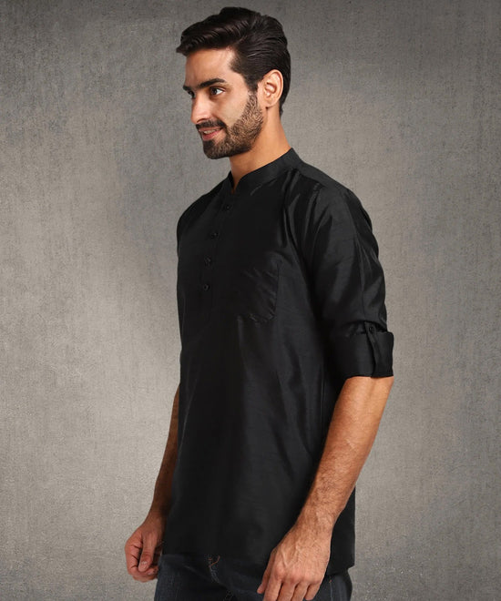 Hangup Men Standard Solid Men's Indian Wear-Black_Dupion_Patch_Short2Kurta