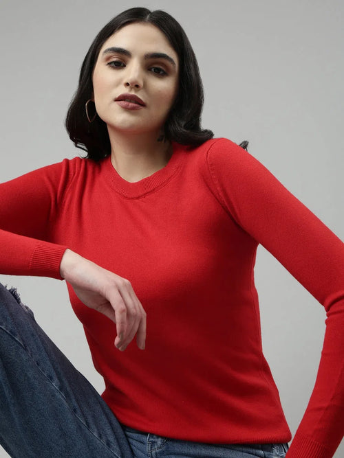 Round Neck Solid Regular Sleeves Fitted Red Top-TG-A-46-Red