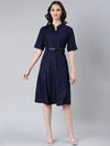 Women Navy Blue Solid Shirt Dress-DF-1439-Navyblue