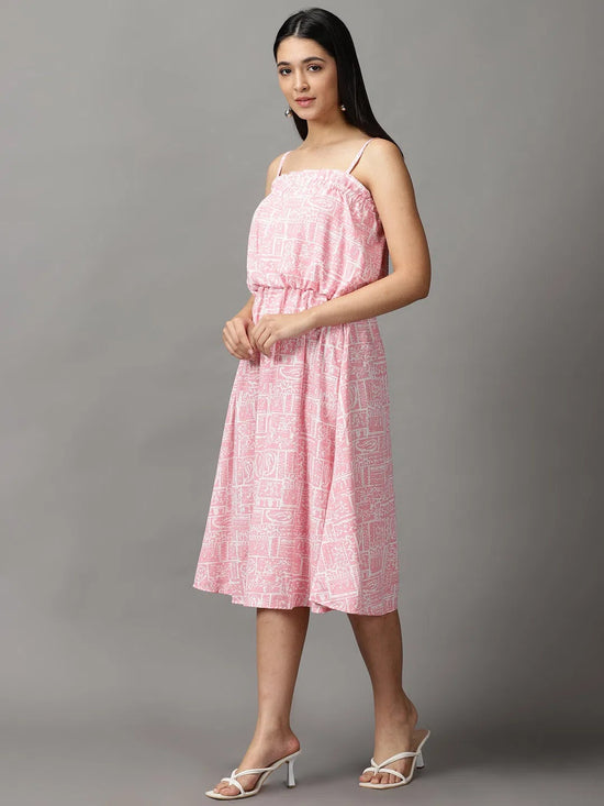 Women's Pink Printed Fit and Flare Dress-AE-15740A-Pink