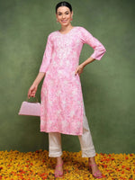 Ahika Women Pink Cotton Blend Floral Embroidered Straight Kurta