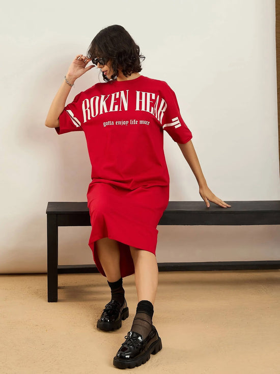 Women Red BROKEN HEART Printed T-Shirt Dress