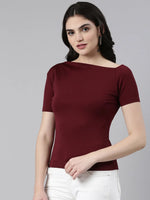 Boat Neck Solid Burgundy Regular Top-AE-10654-Burgundy