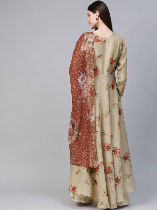 Ahalyaa Polyester Beige & Red Floral Printed Anarkali Kurta With Dupatta