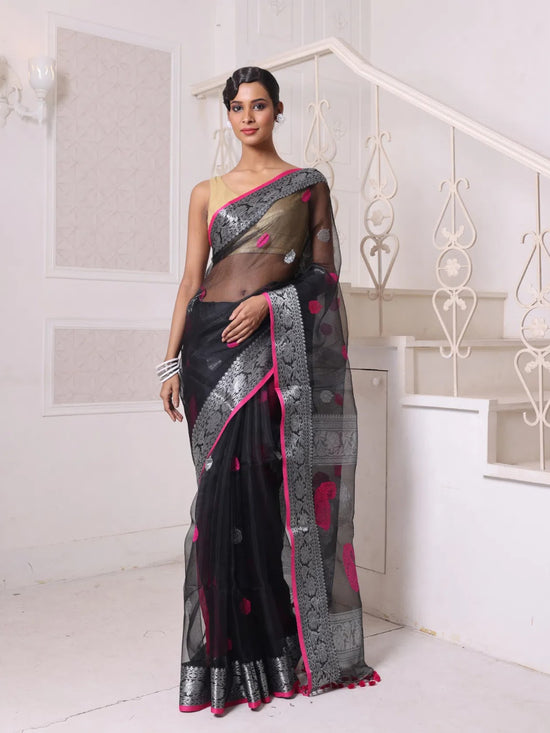 Black Muslin Saree With Zari Woven Nakshi Borders-MA62MS331980028