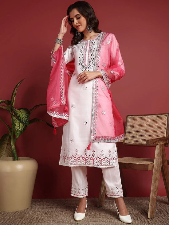 Ahika Polyester Solid White Indian Ethnic