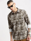 Men Spread Collar Geometric Olive Casual Shirt-PELSIC-2252-Olive