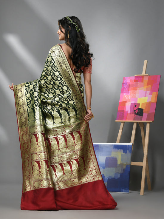 Dark Green Silk Banarasi Saree With Zari Woven Floral And Paisley Designs-MA52BSL441050018