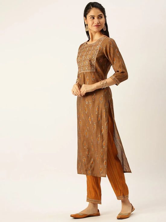 Women's Brown Printed Kurta Sets-GW-3107-Brown