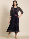 Women Anarkali Navy Blue Floral Kurta Comes With Overcoat-AT-JK-1158-Navyblue