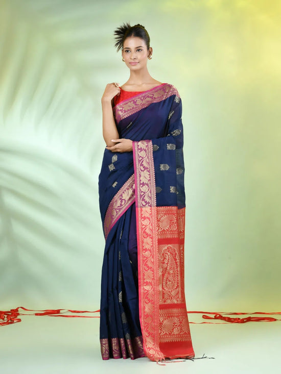 Navy Blue Cotton Saree With Nakshi Zari Borders-MA66BCT431050024