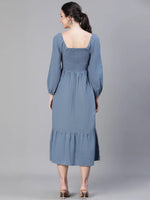 Women Round Neck Long Sleeve Blue  Flared Long Cotton Dress-S23315WDR002