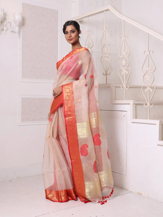 Beige Muslin Saree With Zari Woven Nakshi Borders-MA62MS331980029