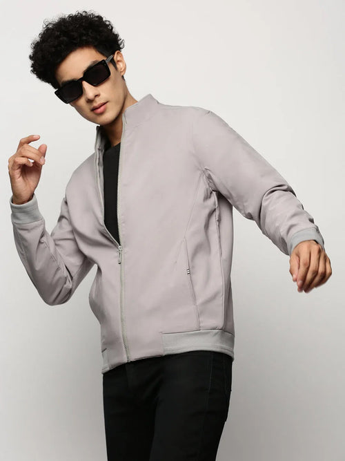 Men Grey Solid Bomber Jacket-ZD-3404-Grey