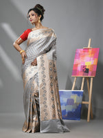 Ice Grey Katan Silk Banarasi Saree With Ethnic Motifs And Zari Woven Designs-MA52KA441380085