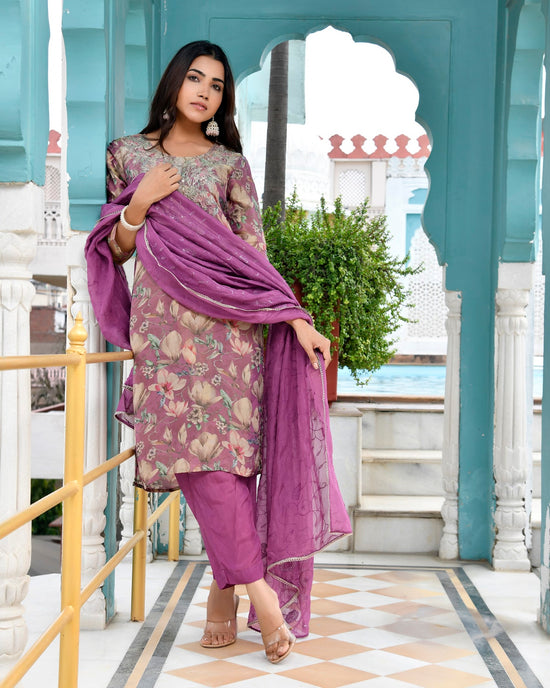 Vaasva Women Purple Tissue Embroidered Suit Set With Solid Pant And Embroidered Dupatta-151VAASPURPLE