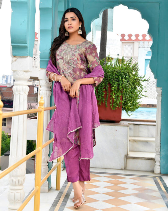 Vaasva Women Purple Tissue Embroidered Suit Set With Solid Pant And Embroidered Dupatta-151VAASPURPLE