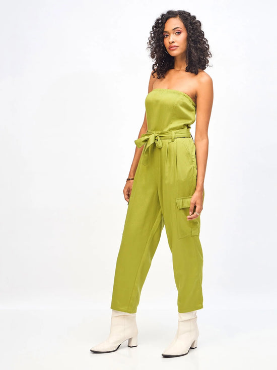 Women Olive Twill Off-Shoulder Belted Jumpsuit