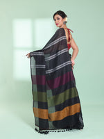 Black Cotton Saree With Stripes Design-MA59CT06530004