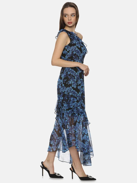 Floral Blue One Shoulder Asymmetrical Dress-17300