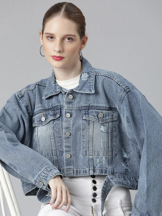 Women Blue Solid Denim Jacket-GZ-5555-Blue