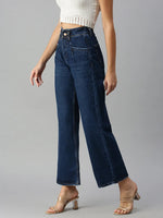 Women's Navy Blue Solid Denim Wide Leg Jeans-GZ5042-Navyblue