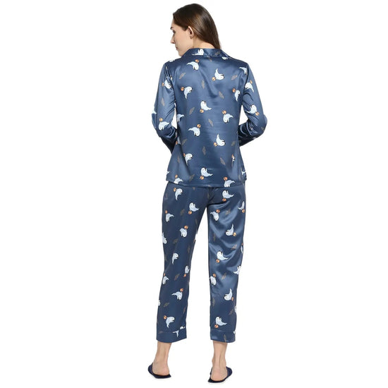 Smarty Pants Women's Silk Satin Dark Blue Color Hallowen Print Full Sleeves Night Suit