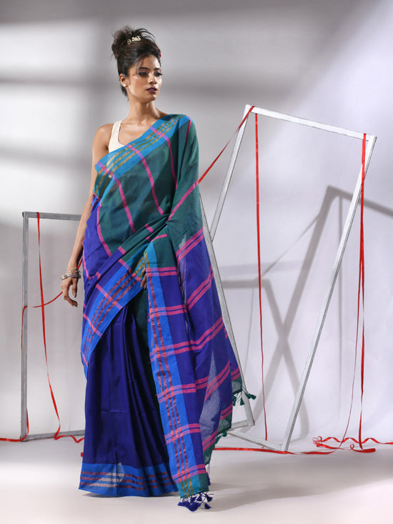 Blue And Teal Cotton Saree With Stripes Design-MA55CT06520027