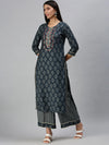 Women's Blue Printed Kurta Sets-GW1426-Blue