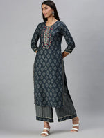 Women's Blue Printed Kurta Sets-GW1426-Blue