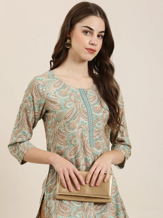 Women Sea Green Paisley Straight Kurta-AT-A633-K-Seagreen