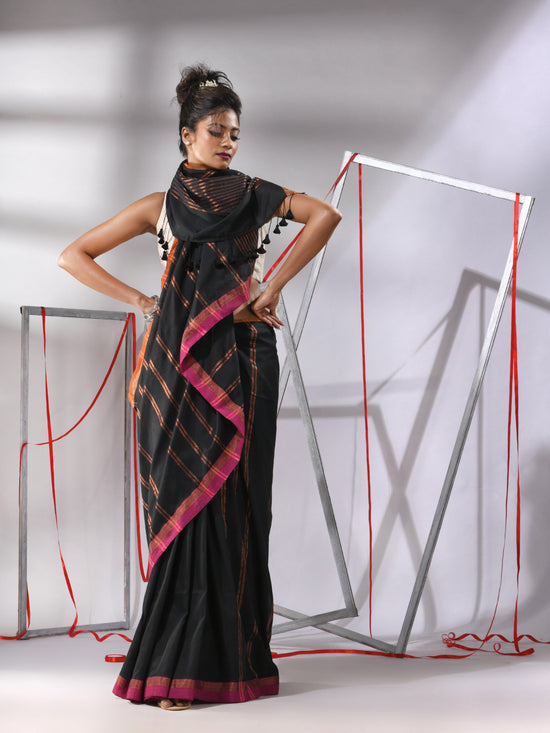 Black Soft Cotton Saree With  Zari Stripe Designs-MA55CT06530050