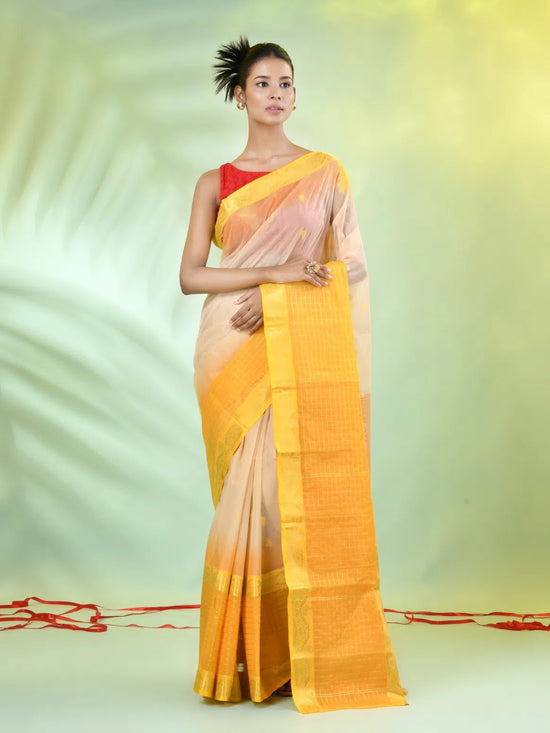 Beige Cotton Handwoven Saree With Zari Borders-MA66CT431820065