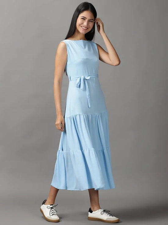 Women's Blue Solid Fit and Flare Dress-AE-15699-Blue